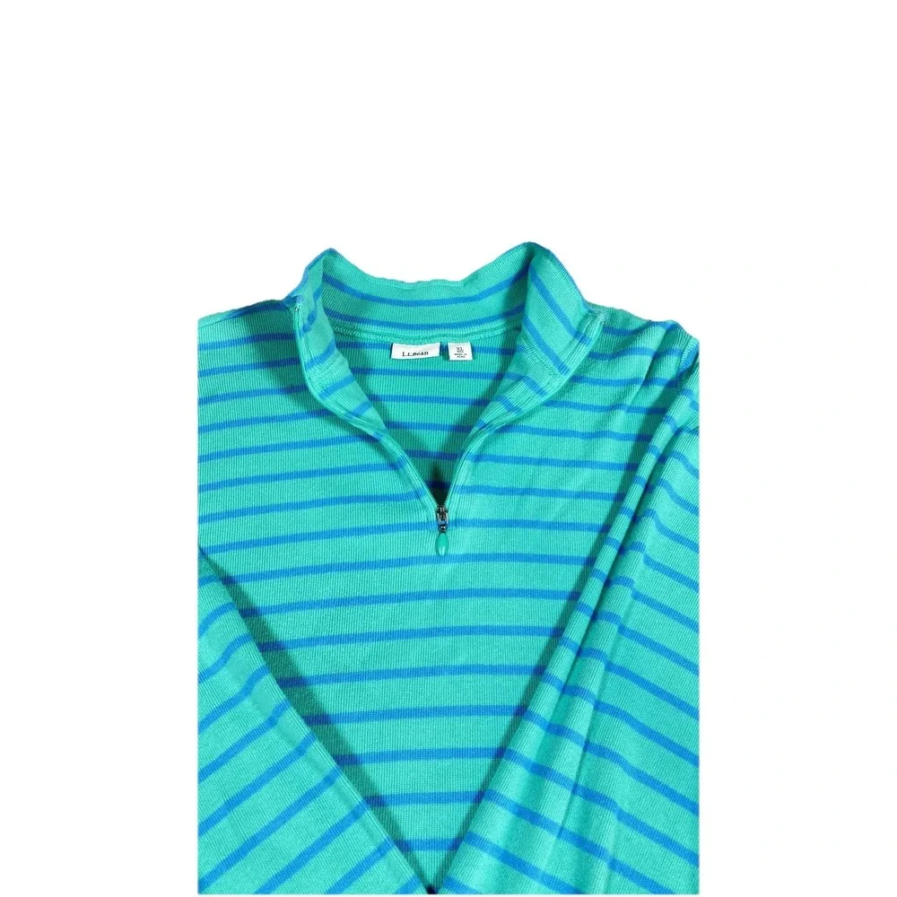 LL Bean Sweater Womens XL Green Blue Striped‎ 1/4 Zip Mock Neck Knit Pullover